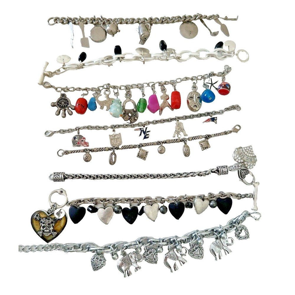 Charm Bracelets Lot of 8 Cooking Pirate Elephants Patriots Stones Silver Tone